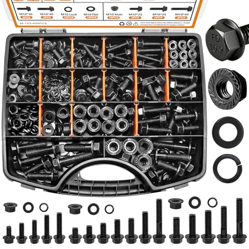 mankk 400PCS Metric Grade 10.9 Flange Bolts and Nuts Assortment Kit M6x1.0, M8x1.25, M10x1.5 (12mm to 45mm) Black Alloy Steel Class Hex Bolts and Nuts Washers Kit for Automotive - Image 1