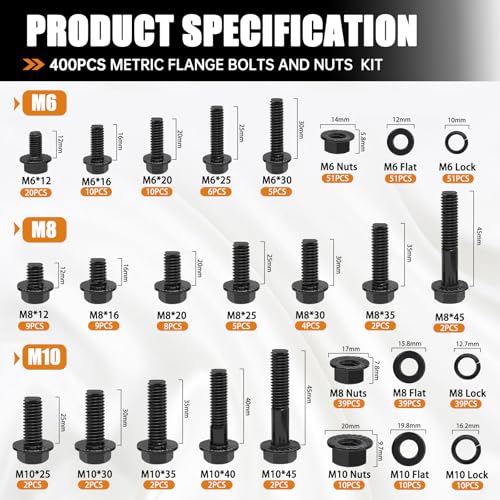 mankk 400PCS Metric Grade 10.9 Flange Bolts and Nuts Assortment Kit M6x1.0, M8x1.25, M10x1.5 (12mm to 45mm) Black Alloy Steel Class Hex Bolts and Nuts Washers Kit for Automotive - Image 3