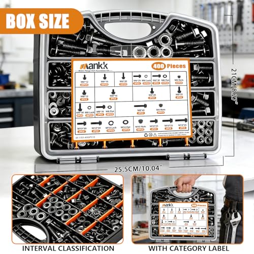 mankk 400PCS Metric Grade 10.9 Flange Bolts and Nuts Assortment Kit M6x1.0, M8x1.25, M10x1.5 (12mm to 45mm) Black Alloy Steel Class Hex Bolts and Nuts Washers Kit for Automotive - Image 4