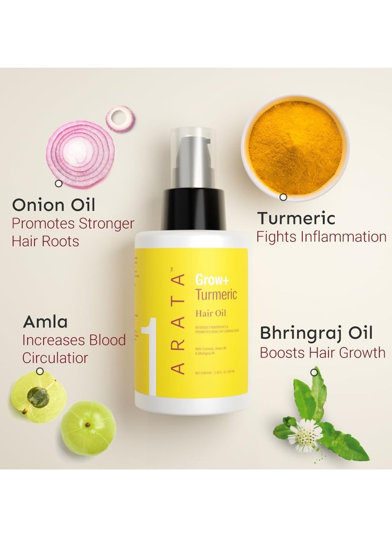 Arata Grow Turmeric Hair Oil (100 ML) Infused With Turmeric Onion Oil and Bhringraj For Stronger Healthier Hair Hair Growth Oil For Women and Men