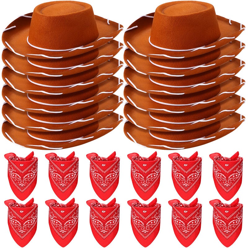 Coume 24 Pieces Cowboy Hats and Bandanas for Kids Western Cowboy Costume Hat Accessories for Toddler Child Western Theme Birthday Party Supplies Halloween Costume DressBrown Red - Image 3
