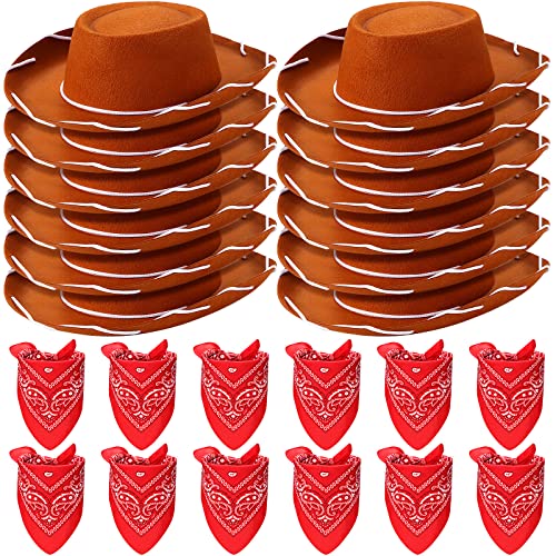 Coume 24 Pieces Cowboy Hats and Bandanas for Kids Western Cowboy Costume Hat Accessories for Toddler Child Western Theme Birthday Party Supplies Halloween Costume DressBrown Red - Image 1