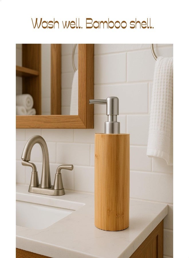 ABBI NIMO Natural Bamboo Liquid Soap Dispenser, 10 oz with Silver Plastic Pump, Refillable Hand Soap Dispenser for Bathroom or Kitchen - Image 2