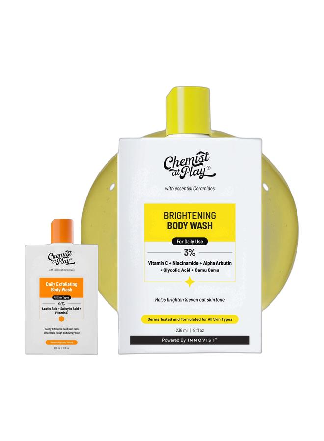 Chemist at Play Exfoliating Body Wash | 4% (Salicylic Acid, Vitamin E And Lactic Acid) | Paraben And Sls Free | Removes Tan| Prevents Dry, Rough, Bumpy Skin | Men And Women & Brightening Body Wash | Vitamin C Bodywash For Glowing Skin | Fades Dark Spots | Evens Out Skin Tone | Alpha Arbutin | 30X Vitamin C With Camu Camu | For Women And Men Bundle - Image 1