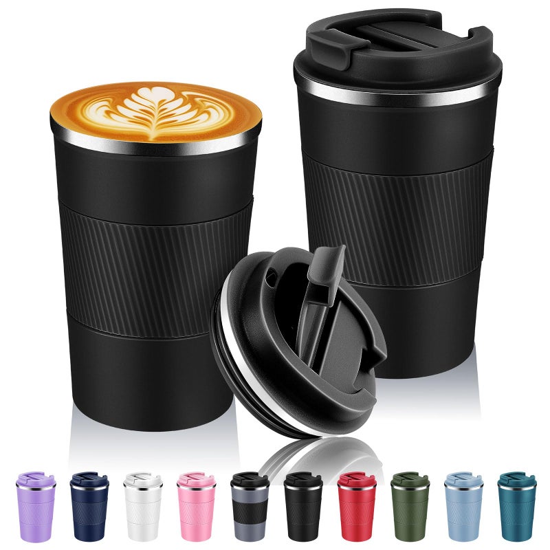 Volhoply 13 oz Stainless Steel Insulated Travel Coffee Mug with Fip Lid Bulk 2 PackReusable Double Wall Vacuum Metal Coffee CupPortable Leak Proof Thermal Tumbler for Hot Cold DrinksBlack2 - Image 2