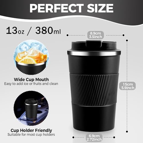 Volhoply 13 oz Stainless Steel Insulated Travel Coffee Mug with Fip Lid Bulk 2 PackReusable Double Wall Vacuum Metal Coffee CupPortable Leak Proof Thermal Tumbler for Hot Cold DrinksBlack2 - Image 3