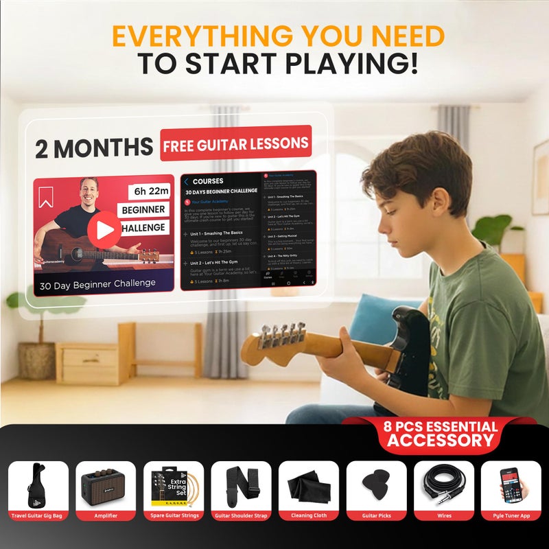 Pyle Electric Guitar and Amp Kit - Full Size 39" Complete Starter Kit with Wearable Bluetooth Amplifier, 1/4â€ Cable, Carry Case, Strap, Strings, Picks, Cleaning Cloth, ST-Style Pickups (Sun Burst) - Image 2