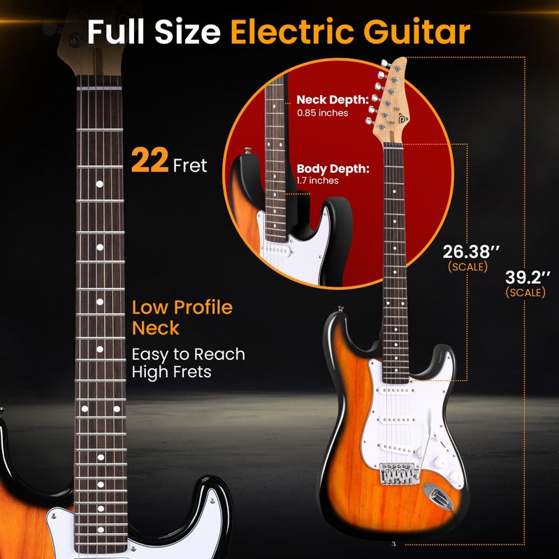Pyle Electric Guitar and Amp Kit - Full Size 39" Complete Starter Kit with Wearable Bluetooth Amplifier, 1/4â€ Cable, Carry Case, Strap, Strings, Picks, Cleaning Cloth, ST-Style Pickups (Sun Burst) - Image 3