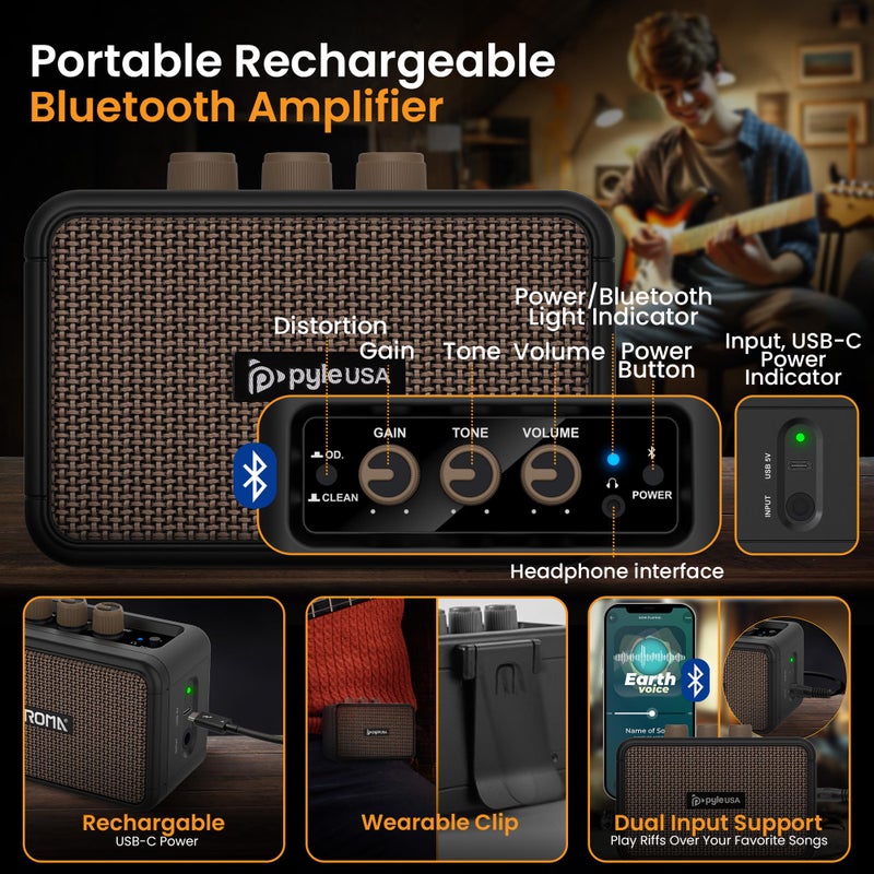 Pyle Electric Guitar and Amp Kit - Full Size 39" Complete Starter Kit with Wearable Bluetooth Amplifier, 1/4â€ Cable, Carry Case, Strap, Strings, Picks, Cleaning Cloth, ST-Style Pickups (Sun Burst) - Image 4