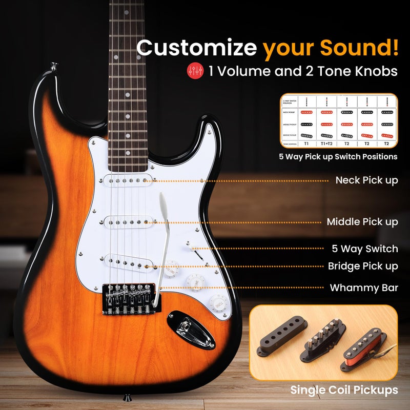 Pyle Electric Guitar and Amp Kit - Full Size 39" Complete Starter Kit with Wearable Bluetooth Amplifier, 1/4â€ Cable, Carry Case, Strap, Strings, Picks, Cleaning Cloth, ST-Style Pickups (Sun Burst) - Image 5