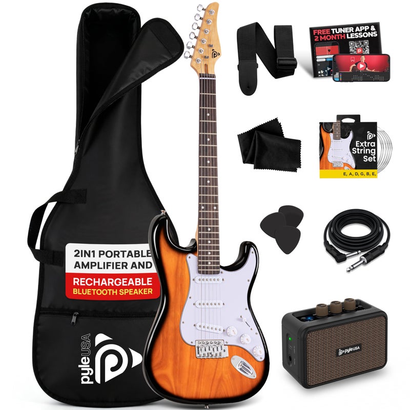 Pyle Electric Guitar and Amp Kit - Full Size 39" Complete Starter Kit with Wearable Bluetooth Amplifier, 1/4â€ Cable, Carry Case, Strap, Strings, Picks, Cleaning Cloth, ST-Style Pickups (Sun Burst) - Image 1