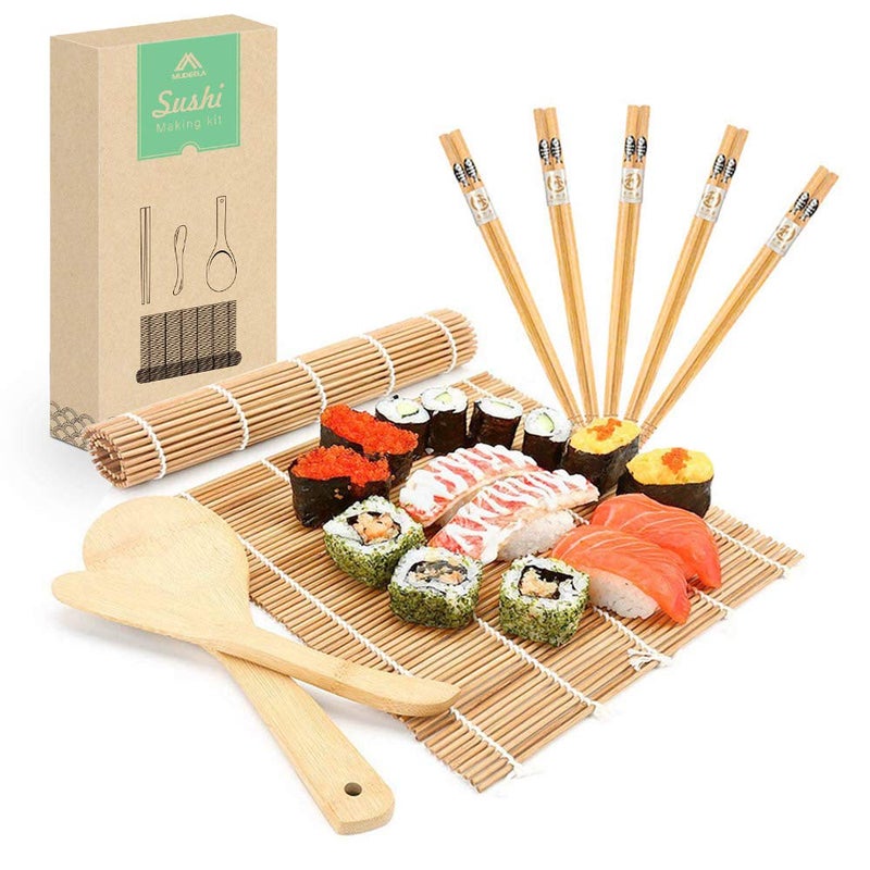 MUDEELA Bamboo Sushi Rolling Mat Sushi Making Kit 9 Pcs Beginner Sushi Mat Includes 2 Rolling Mats 5 Pairs Chopsticks Paddle Spreader Beginners Guide PDF Roll On Sushi Maker Kit
