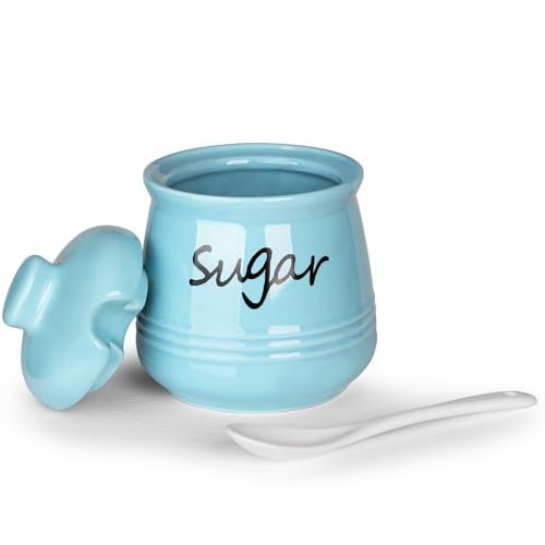 HAOTOP 12oz Sugar Bowl with Lid and Spoon,Ceramic Sugar Jar Sugar Dispenser Sugar Container Coffee Bar Accessories, Kitchen Countertop Canisters,Turquoise - Image 1