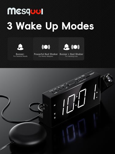 Mesqool Projection Digital Alarm Clock with Bed Shaker for Bedroom, Extra Loud Alarm Clock for Heavy Sleeper, 180° Rotable Ceiling Projector Clock,2 Alarm,5 Dimmer Volume,USB Charger, Battery Backup,12/24H… - Image 5