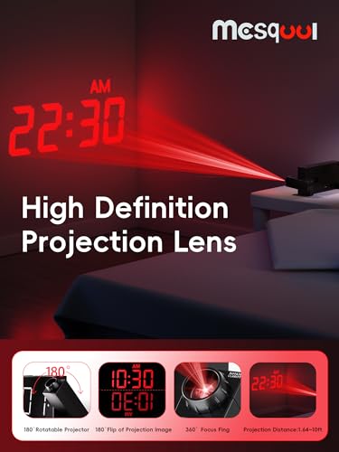 Mesqool Projection Digital Alarm Clock with Bed Shaker for Bedroom, Extra Loud Alarm Clock for Heavy Sleeper, 180° Rotable Ceiling Projector Clock,2 Alarm,5 Dimmer Volume,USB Charger, Battery Backup,12/24H… - Image 3