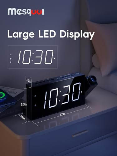 Mesqool Projection Digital Alarm Clock with Bed Shaker for Bedroom, Extra Loud Alarm Clock for Heavy Sleeper, 180° Rotable Ceiling Projector Clock,2 Alarm,5 Dimmer Volume,USB Charger, Battery Backup,12/24H… - Image 2