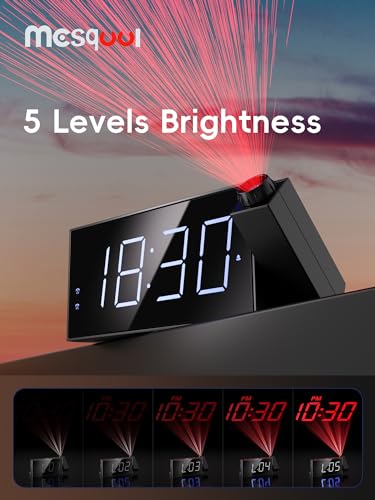 Mesqool Projection Digital Alarm Clock with Bed Shaker for Bedroom, Extra Loud Alarm Clock for Heavy Sleeper, 180° Rotable Ceiling Projector Clock,2 Alarm,5 Dimmer Volume,USB Charger, Battery Backup,12/24H… - Image 4