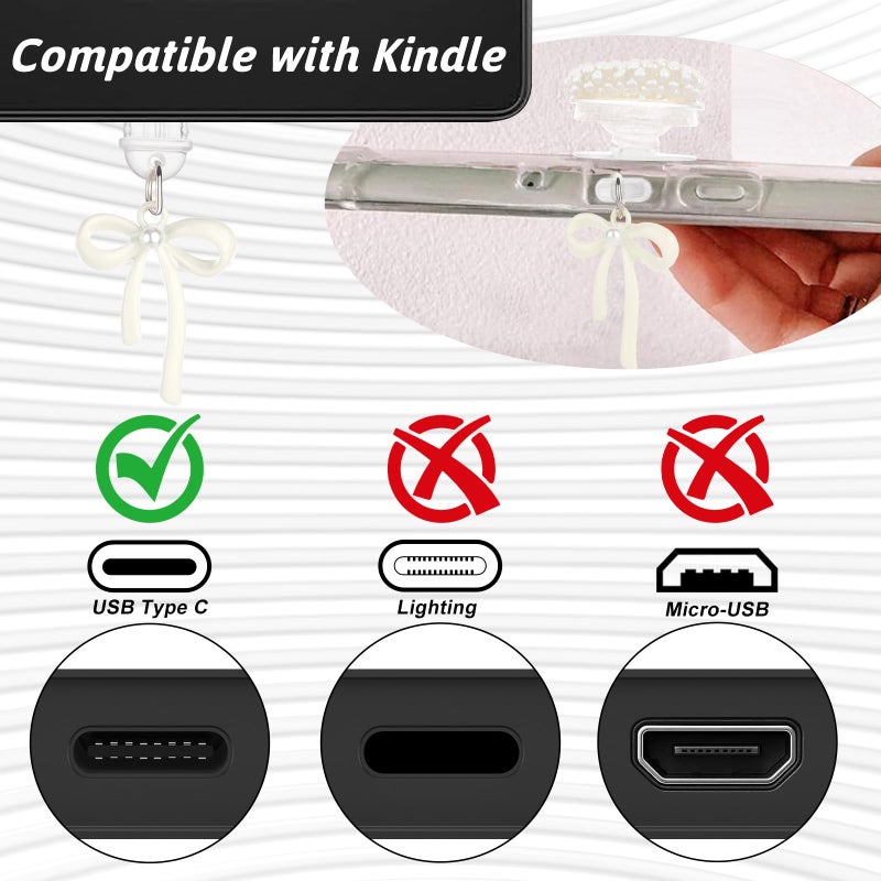 Draupnir Charm Chains Set for E-Reader, Including Butterfly Bow Dust Plug Charm USB Type C, Heart Grip Holder, Pearl Phone Keychain Bracelets Accessories for E-Reader/Phone/Paper White - Image 5