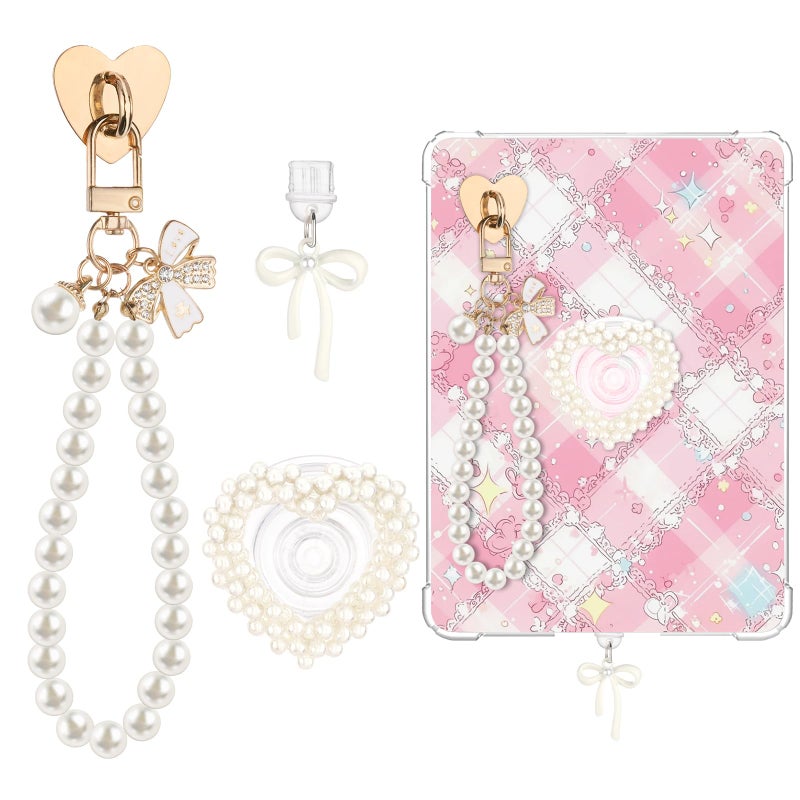 Draupnir Charm Chains Set for E-Reader, Including Butterfly Bow Dust Plug Charm USB Type C, Heart Grip Holder, Pearl Phone Keychain Bracelets Accessories for E-Reader/Phone/Paper White - Image 1