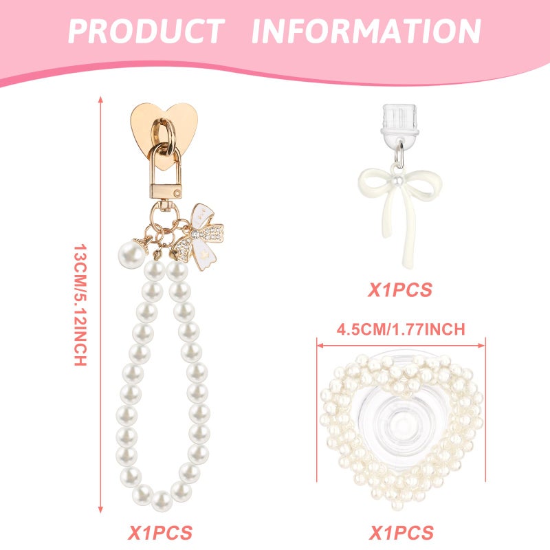 Draupnir Charm Chains Set for E-Reader, Including Butterfly Bow Dust Plug Charm USB Type C, Heart Grip Holder, Pearl Phone Keychain Bracelets Accessories for E-Reader/Phone/Paper White - Image 2