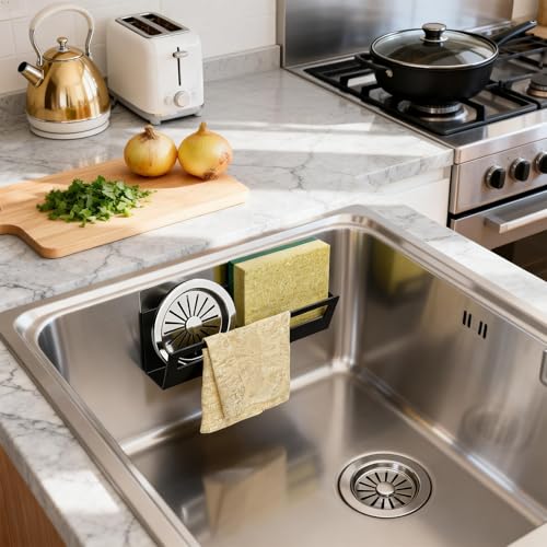 Epicano Sponge Holder for Kitchen Sink with Suction Cups & Adhesive Hook, Rustproof In-Sink Sponge Holder, Space-Saving Wall Hanging Sink Caddy Organizer Rack - Sponge, Dish Cloth, Brush - Stainless Steel - Image 2
