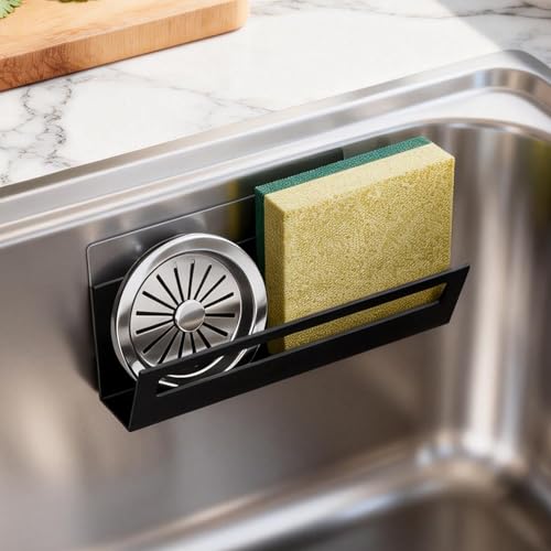 Epicano Sponge Holder for Kitchen Sink with Suction Cups & Adhesive Hook, Rustproof In-Sink Sponge Holder, Space-Saving Wall Hanging Sink Caddy Organizer Rack - Sponge, Dish Cloth, Brush - Stainless Steel - Image 1