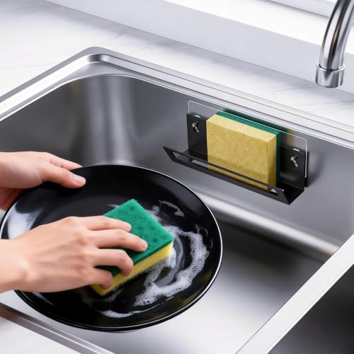 Epicano Sponge Holder for Kitchen Sink with Suction Cups & Adhesive Hook, Rustproof In-Sink Sponge Holder, Space-Saving Wall Hanging Sink Caddy Organizer Rack - Sponge, Dish Cloth, Brush - Stainless Steel - Image 3