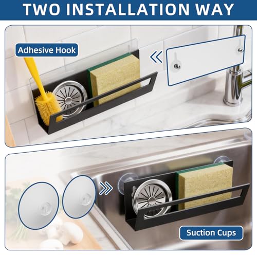 Epicano Sponge Holder for Kitchen Sink with Suction Cups & Adhesive Hook, Rustproof In-Sink Sponge Holder, Space-Saving Wall Hanging Sink Caddy Organizer Rack - Sponge, Dish Cloth, Brush - Stainless Steel - Image 5
