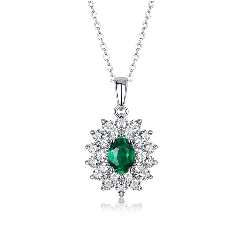 S925 Silver Pendant Necklace with Lab-Grown Emerald, Geometric Design, 925 Sterling Silver Jewelry for Women