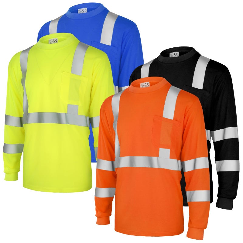 Amylove 4 Pcs Long Sleeve Safety Shirt High Visibility Reflective Construction Work Shirts for Men Women(XL,Yellow, Orange, Black, Blue) - Image 1