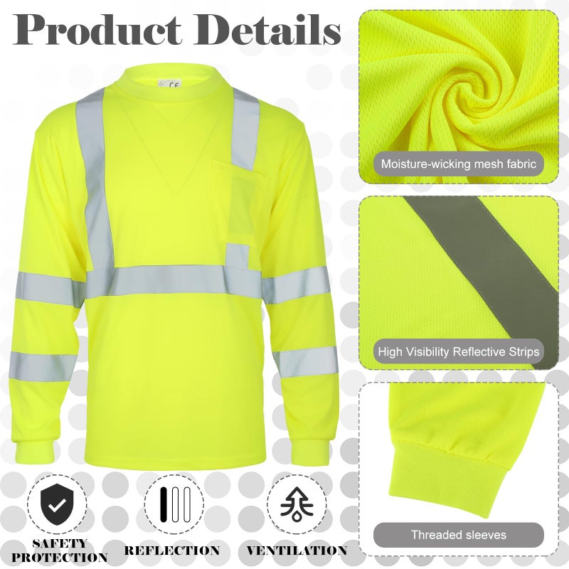 Amylove 4 Pcs Long Sleeve Safety Shirt High Visibility Reflective Construction Work Shirts for Men Women(XL,Yellow, Orange, Black, Blue) - Image 4