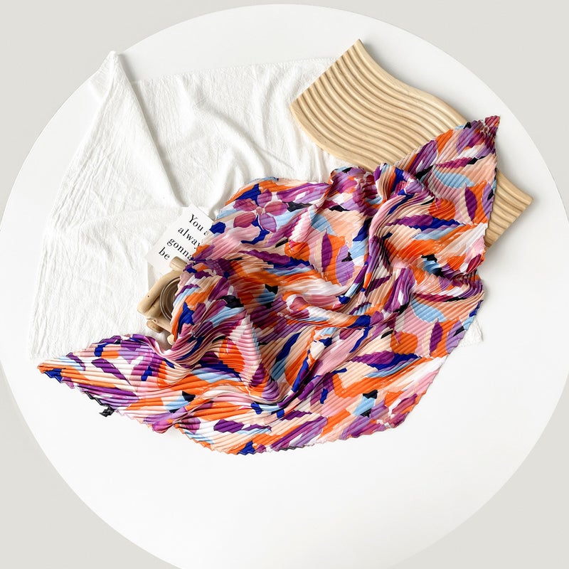 70cm Pleated Silk Scarf Printed Womens Bandana YZL7002-colorful purple