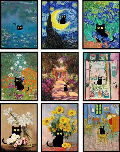 LOARTVE 9Pcs Funny Black Cat Wall Art Cats in Famous Paintings Posters Prints Vintage Gallery Wall Decor Pictures Eclectic Cute Preppy Aesthetic Room Decor,Unframed - Image 1