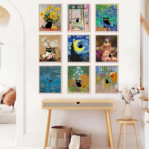 LOARTVE 9Pcs Funny Black Cat Wall Art Cats in Famous Paintings Posters Prints Vintage Gallery Wall Decor Pictures Eclectic Cute Preppy Aesthetic Room Decor,Unframed - Image 4