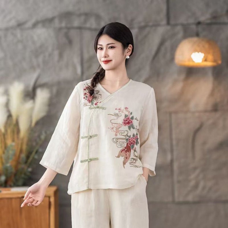 Chinese-Style Retro Cotton And Linen Tea Shirt Summer Asymmetrical Collar Top Artistic Button Ethnic Heavy Embroidery Shirt - Image 2