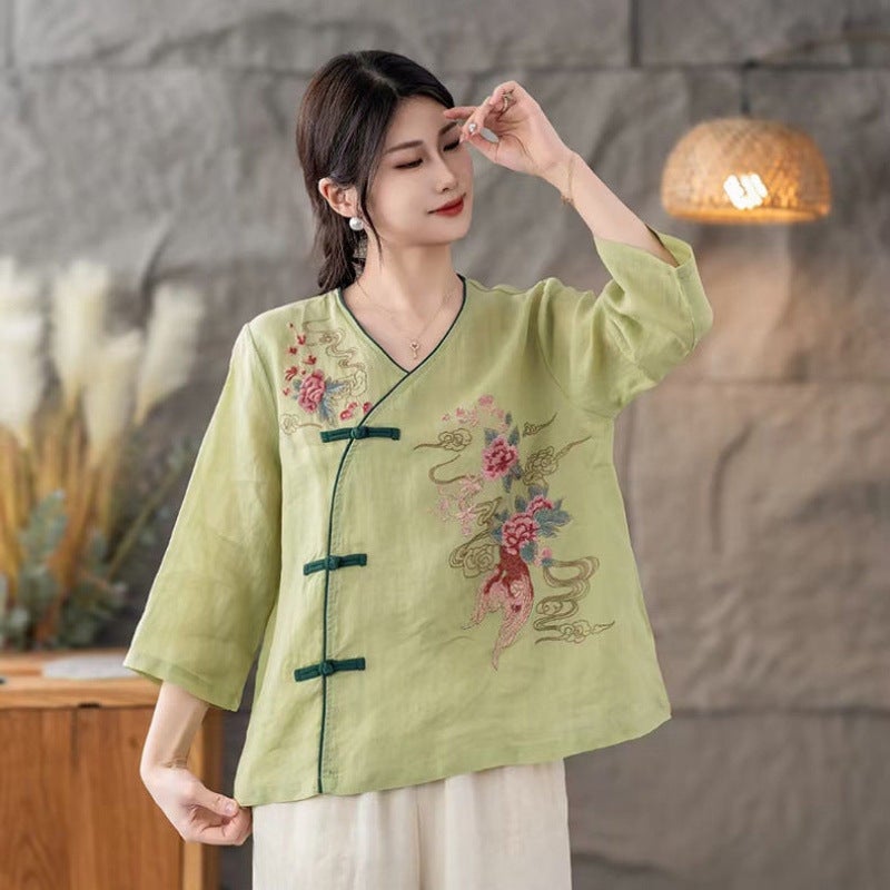 Chinese-Style Retro Cotton And Linen Tea Shirt Summer Asymmetrical Collar Top Artistic Button Ethnic Heavy Embroidery Shirt - Image 3
