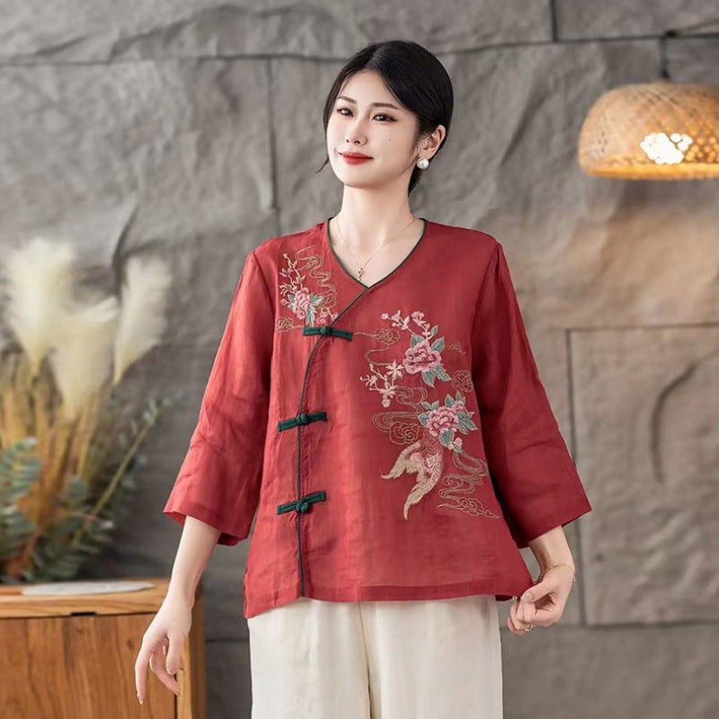 Chinese-Style Retro Cotton And Linen Tea Shirt Summer Asymmetrical Collar Top Artistic Button Ethnic Heavy Embroidery Shirt - Image 5