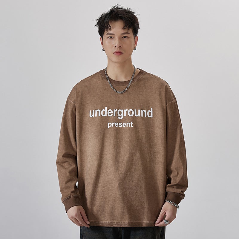 F1275 | Plus size men''s autumn new 280g heavy cotton top loose retro distressed long sleeve T-shirt men - Image 3