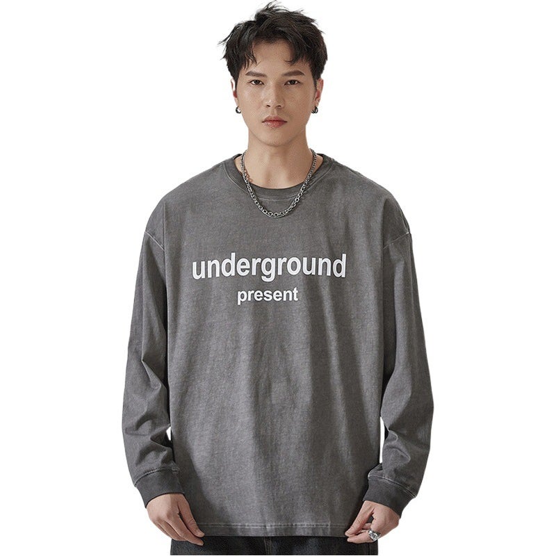 F1275 | Plus size men''s autumn new 280g heavy cotton top loose retro distressed long sleeve T-shirt men - Image 2