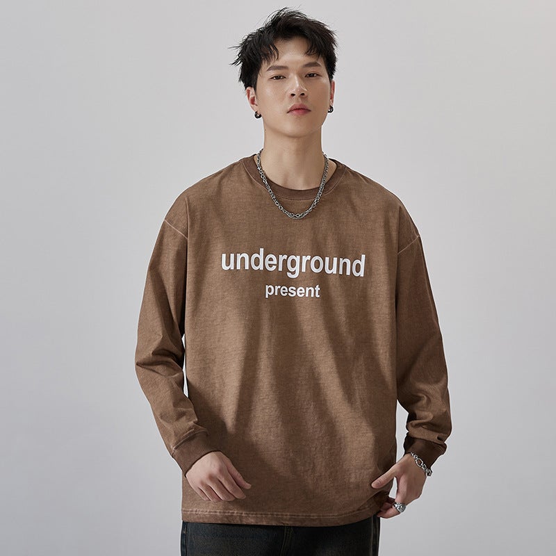 F1275 | Plus size men''s autumn new 280g heavy cotton top loose retro distressed long sleeve T-shirt men - Image 4