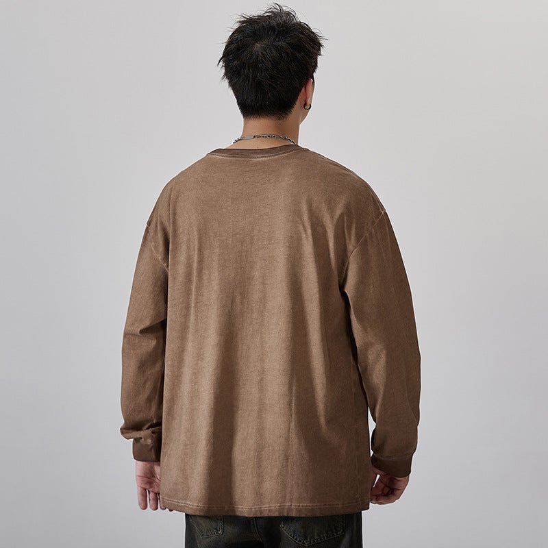 F1275 | Plus size men''s autumn new 280g heavy cotton top loose retro distressed long sleeve T-shirt men - Image 5