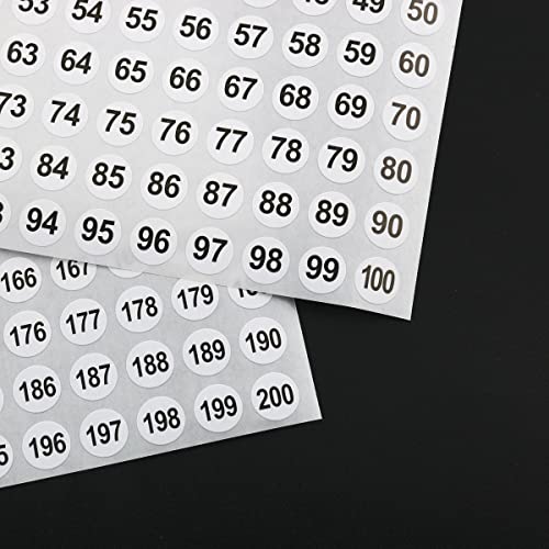 Ruiwaer Vinyl Number Sticker 1-200, White on Black, 20 Sheets, 0.4 Inch Round, Self-Adhesive, Waterproof, Indoor Use, 2000 Pieces in Total - Image 3