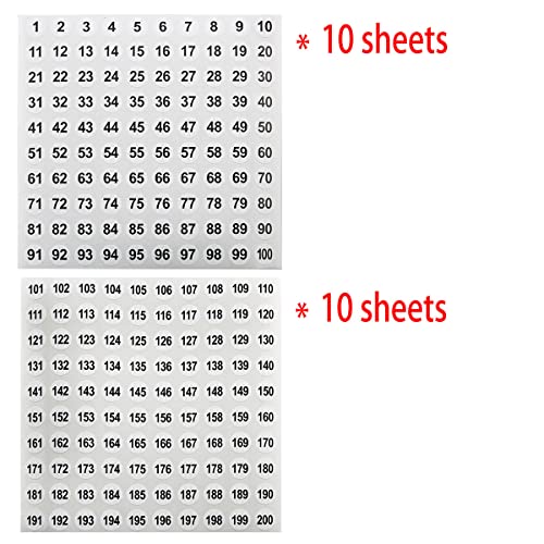 Ruiwaer Vinyl Number Sticker 1-200, White on Black, 20 Sheets, 0.4 Inch Round, Self-Adhesive, Waterproof, Indoor Use, 2000 Pieces in Total - Image 5