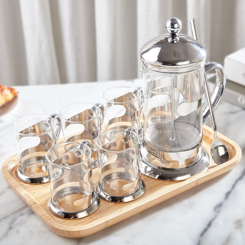 DUJUST Silver French Press Set with 6 Cups  Tray Luxury Design Coffee Maker with 4Level Filter System Hot  Cold Resistant Glass French Coffee Press Set Well Packed Holiday Gift  Home Dcor