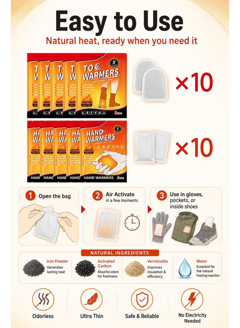 20Pcs Hand & Toe Warmers Combo Pack, Air-Activated Disposable Heat Pads, Ultra Thin Warm Patches Up to 8 Hours for Winter, Camping, Travel & Outdoor Use - Image 3