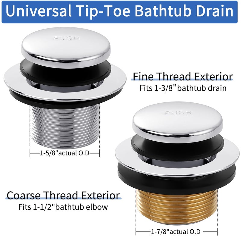 TLOZX Chrome Bathtub Drain Tip-Toe Tub Trim Set With Two-Hole Overflow Faceplate Bathroom Tub Drains Replacement Conversion Tub Drain Kit Assembly With Universal Fine & Coarse Thread - Image 2
