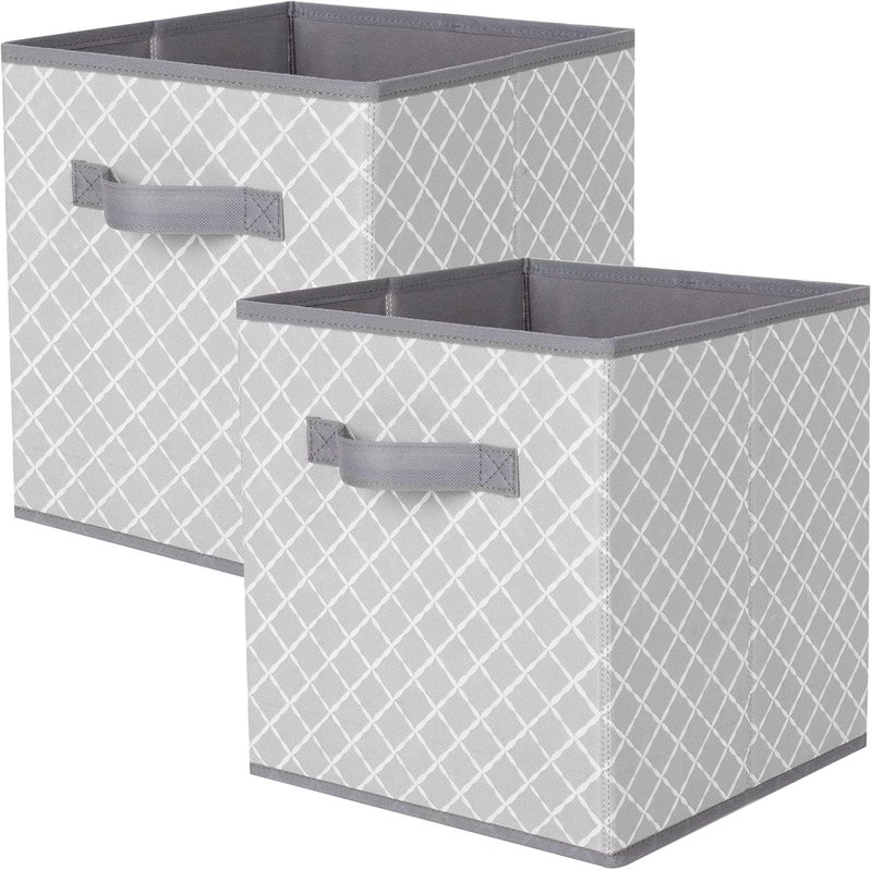 PowerKing Storage Box with Handle, Set of 2 Foldable Tartan Pattern Storage Pins Cube Organiser Made of Skin Safety Fabric Cloth, Storing Box for Cloths, Kids Toys and Tiny Thing, Grey - Image 1