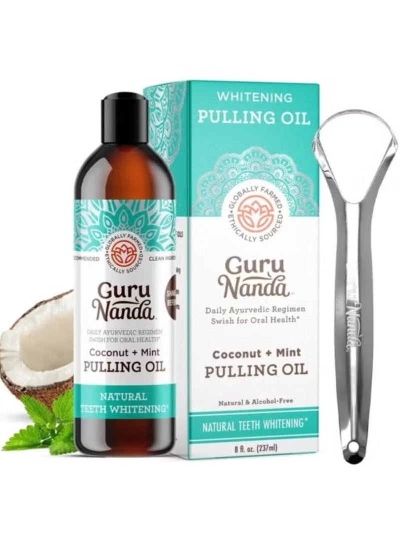GuruNanda Oil Pulling 8 Fl.Oz with Coconut & Peppermint Oil with Tongue Scraper Inside the Box - Natural, Alcohol Free Mouthwash to Help With Fresh Breath, Teeth Whitening and Healthier Teeth & Gums - Image 1