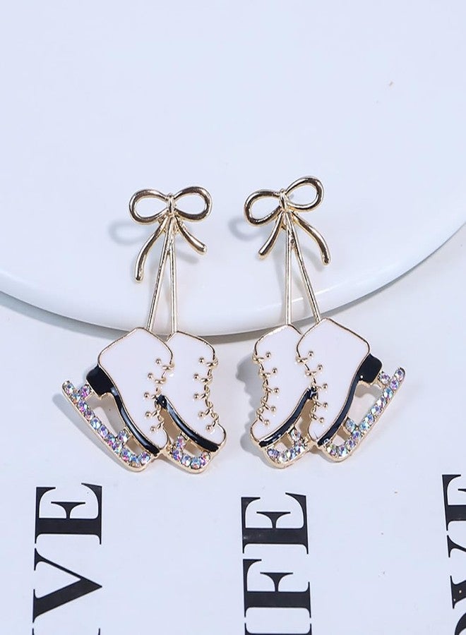 Izpack Dainty Skating Shoes Bow Knot Dangle Drop Stud Earrings Crystal Cubic Zirconia Ice Skate Dangling Statement Earring Fashion Christmas Jewelry Gifts for Skater (White) - Image 3