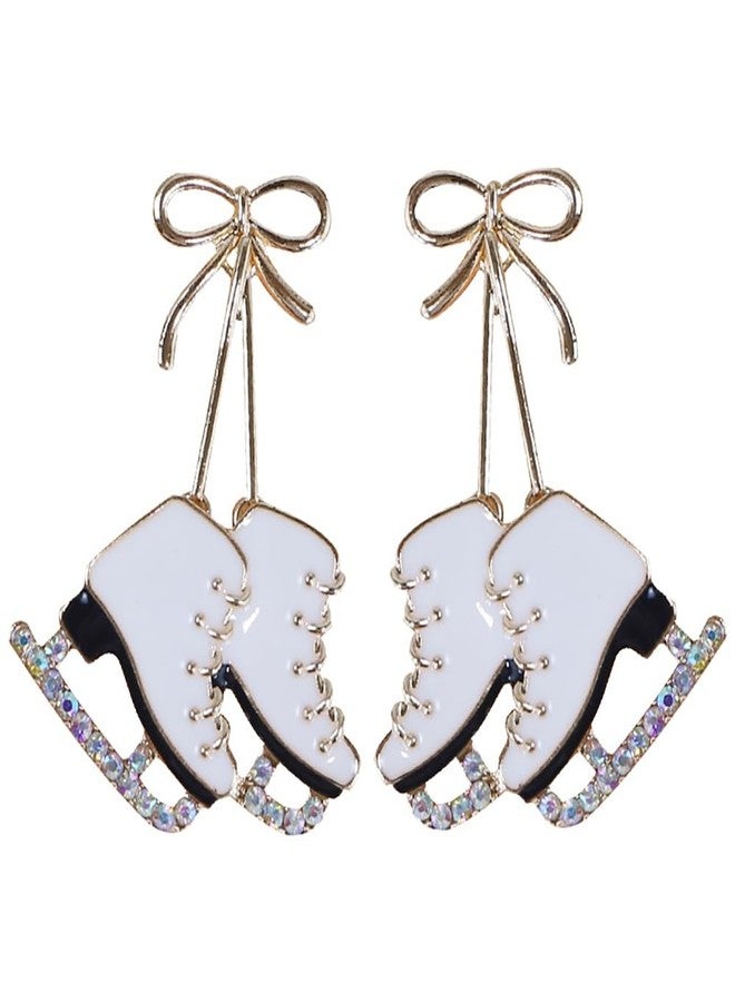 Izpack Dainty Skating Shoes Bow Knot Dangle Drop Stud Earrings Crystal Cubic Zirconia Ice Skate Dangling Statement Earring Fashion Christmas Jewelry Gifts for Skater (White) - Image 1